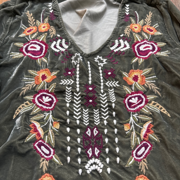 Kyla Seo Green Velvet Embroidered Tunic Top Large Boho Artsy - Picture 7 of 14